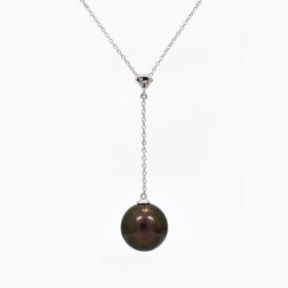 Anakena black Tahitian pearl and white diamond lariat drop necklace