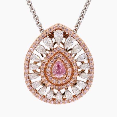 The Adoration Crescendo Exhibition FIPP GIA-certified Argyle pink diamond pear-cut halo pendant
