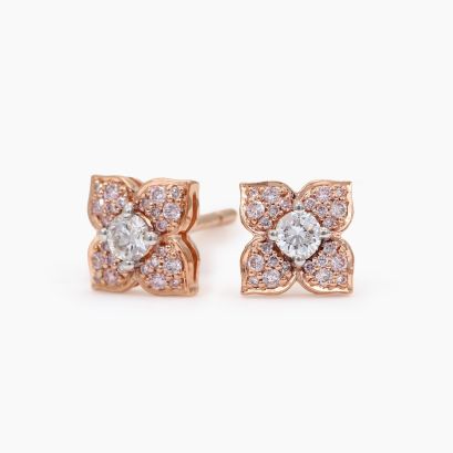Floret white and Argyle light pink champagne diamond flower stud earrings