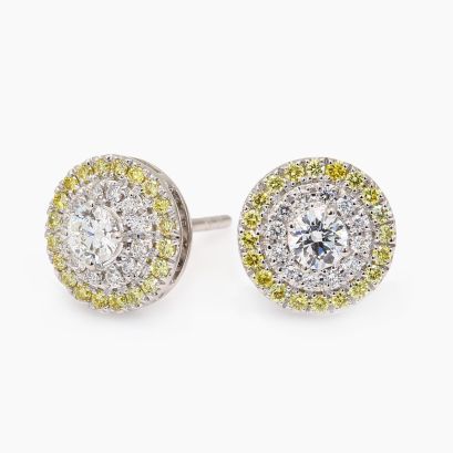 Halo yellow and white diamond cluster stud earrings