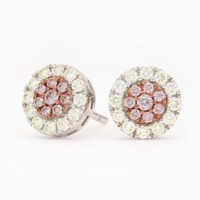 Biennial Argyle light pink champagne and white diamond cluster halo stud earrings