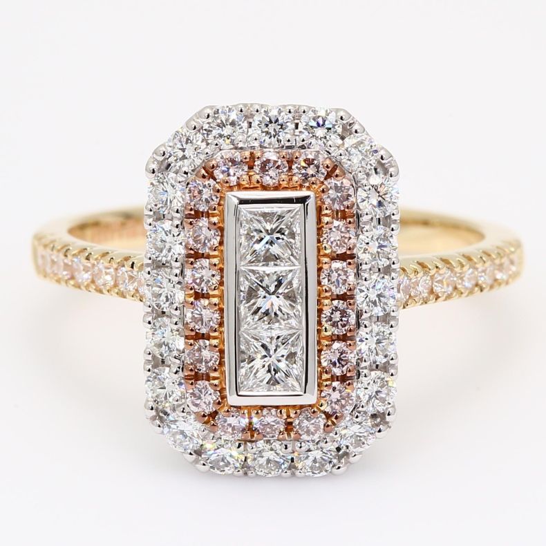 Capulet square emerald and round-cut Argyle pink champagne and white diamond art deco halo ring