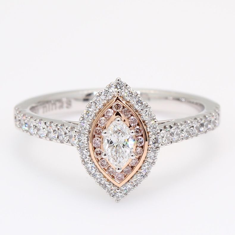 Violetta marquise-cut and round-cut Argyle light pink champagne and white diamond halo ring