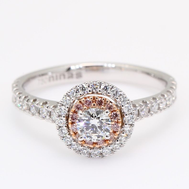 Odette round-cut Argyle light pink champagne and white diamond halo ring