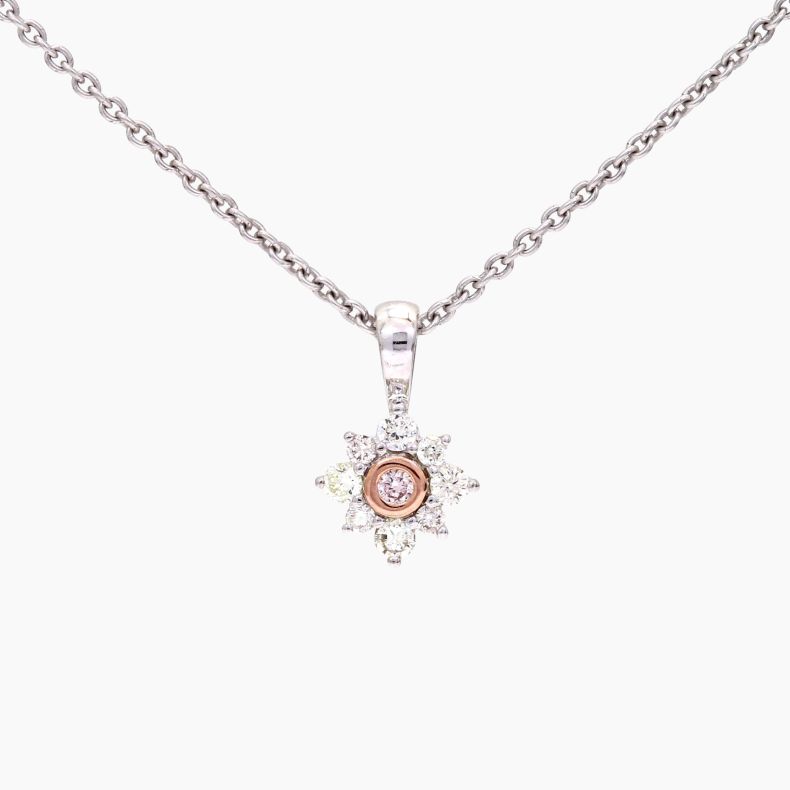Magnolia Argyle light pink champagne and white diamond floral halo pendant