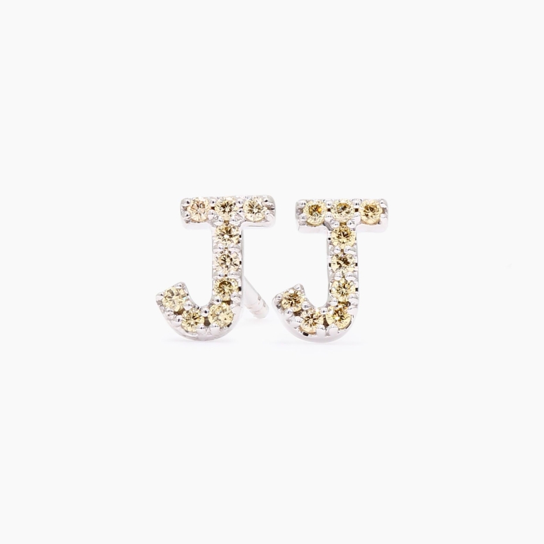 Love Letter J  initial fancy apricot diamond stud earrings