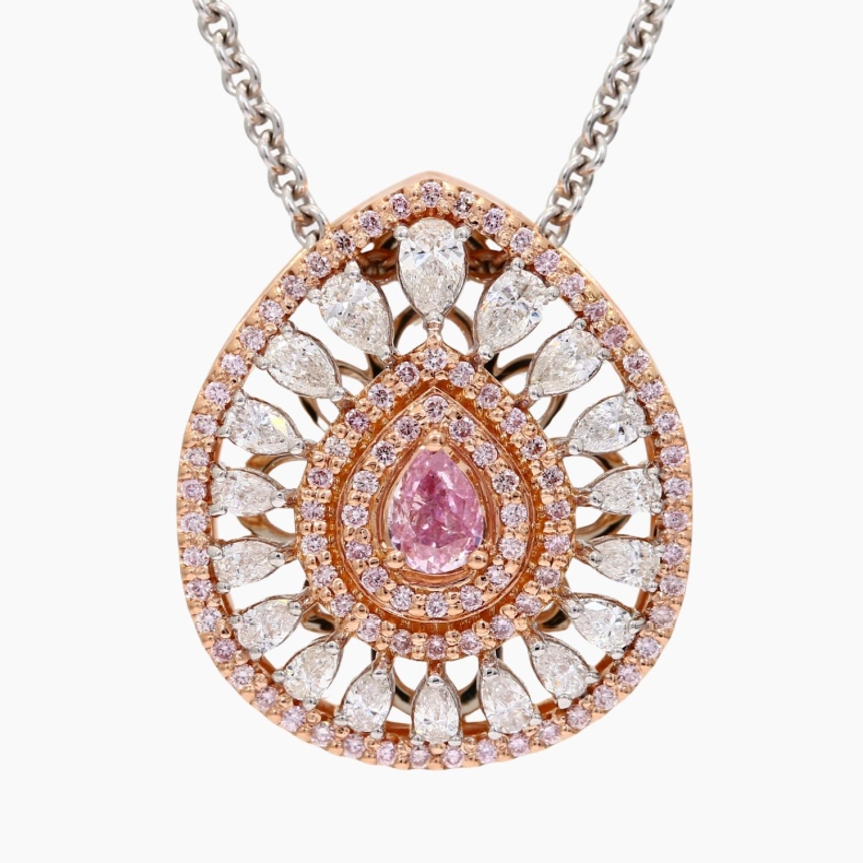 The Adoration Crescendo Exhibition FIPP GIA-certified Argyle pink diamond pear-cut halo pendant