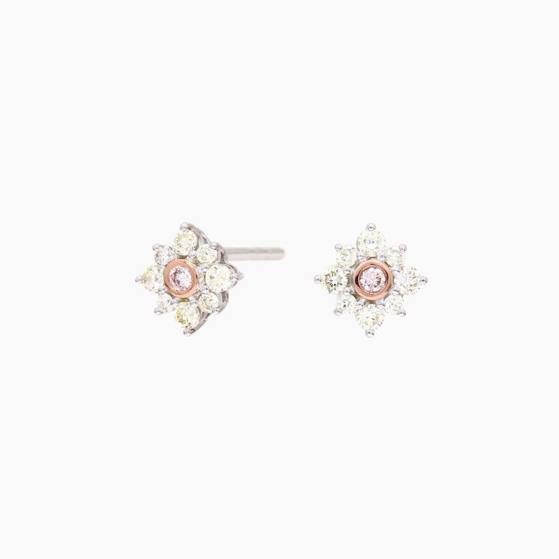 Magnolia Argyle light pink champagne and white diamond floral halo stud earrings