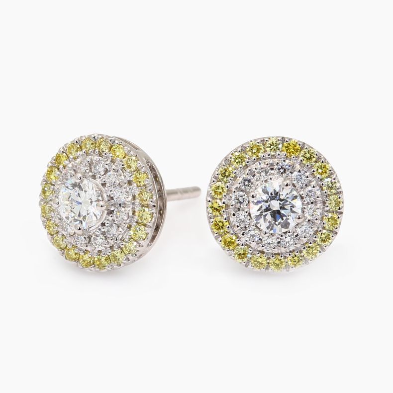Halo yellow and white diamond cluster stud earrings