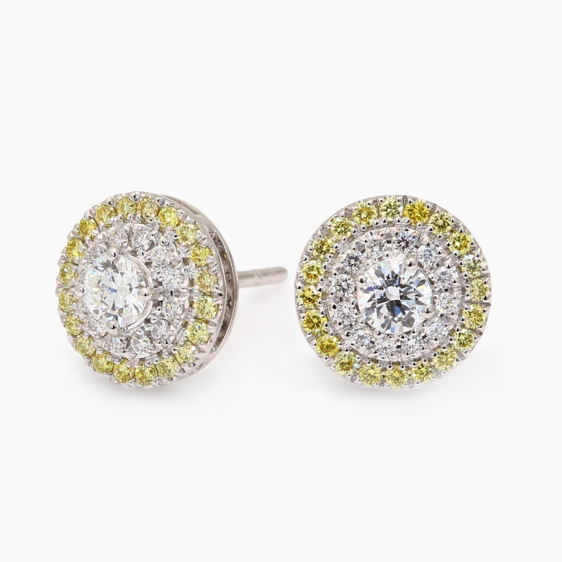 Halo yellow and white diamond cluster stud earrings