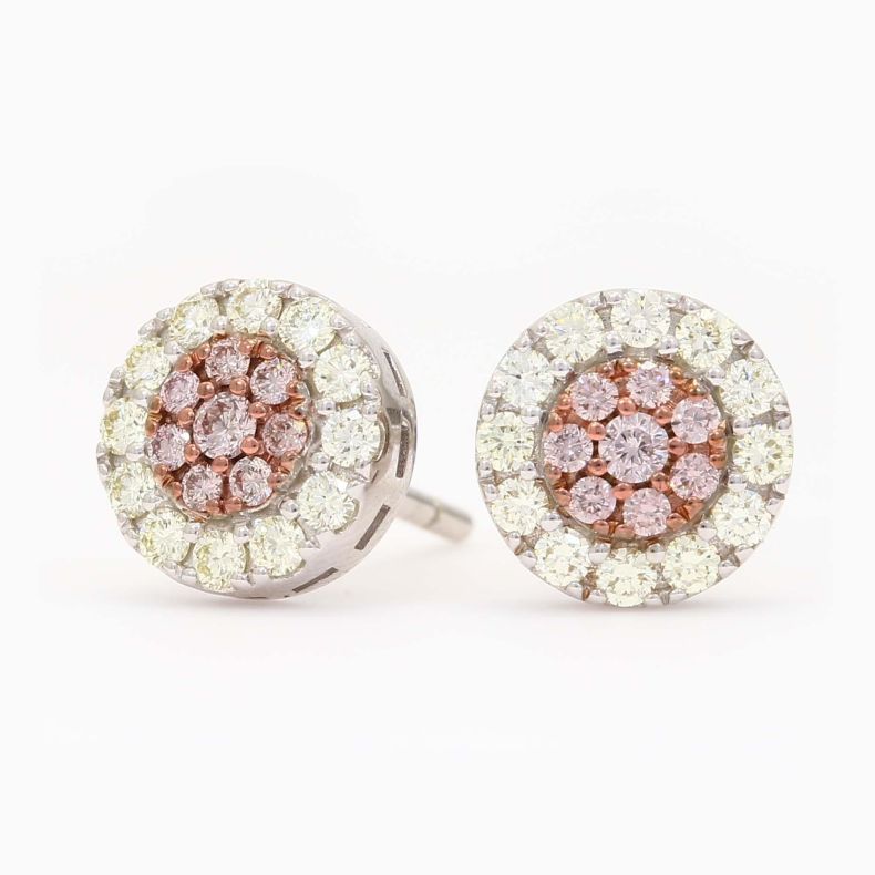 Biennial Argyle light pink champagne and white diamond cluster halo stud earrings