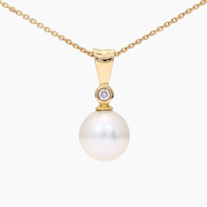 Belize white South Sea pearl and white diamond bezel drop necklace